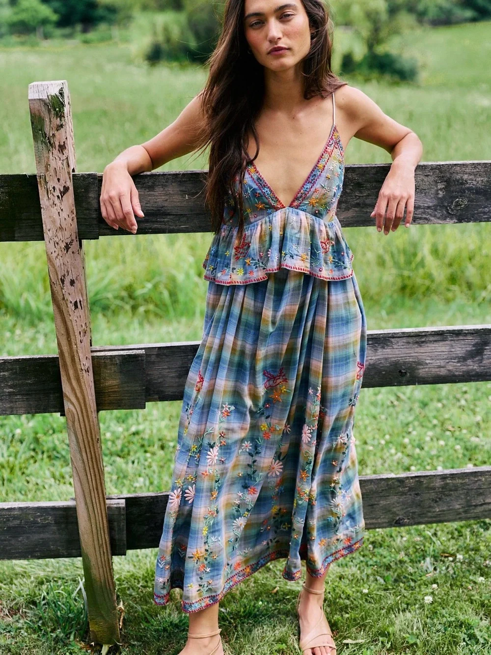 Free People Songs of Summer Boho Floral Plaid Tiered Maxi Dress — Blue Multi